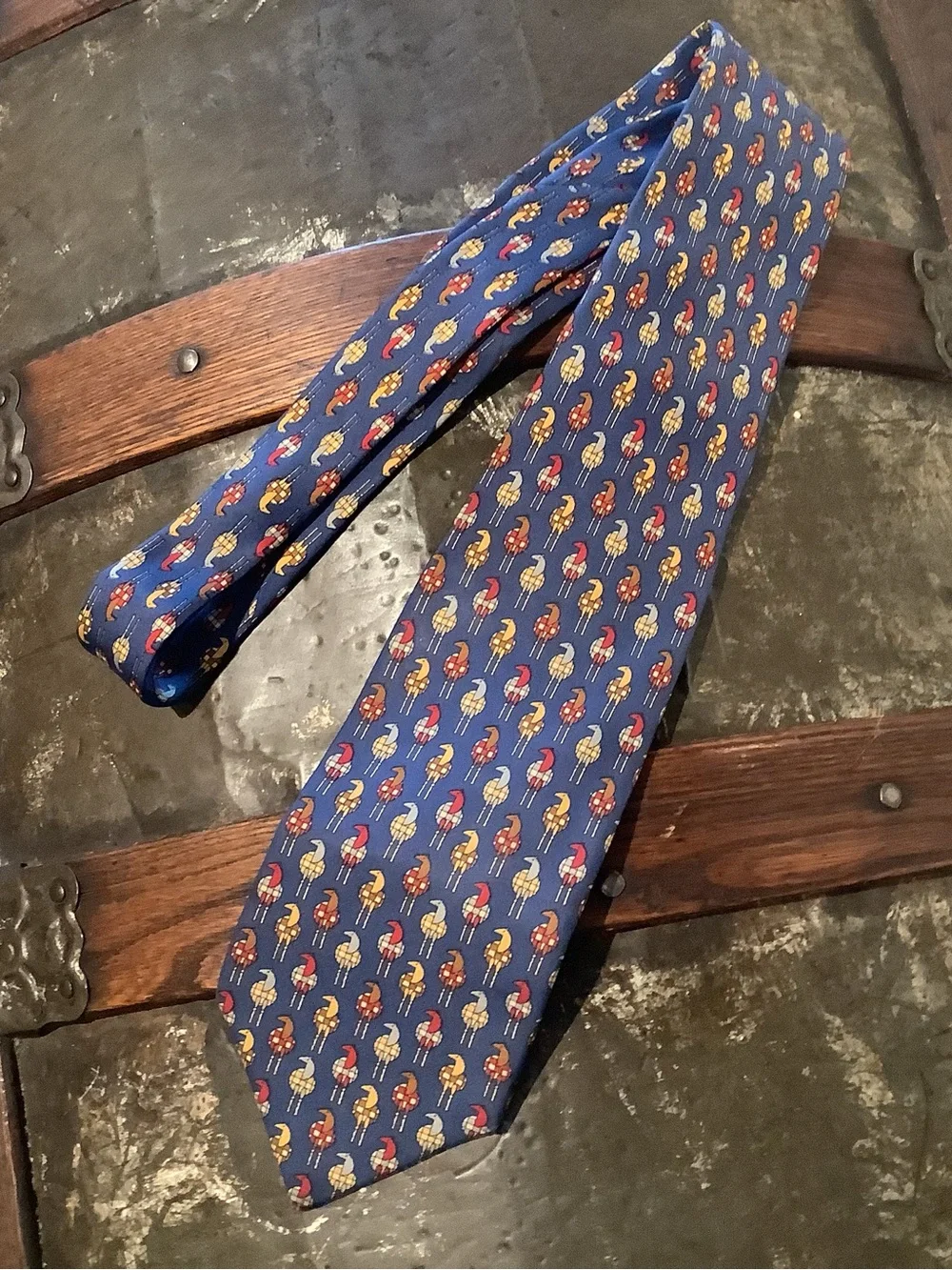 Salvatore Ferragamo Blue Silk Tie with Red and Gold Motif - EUC